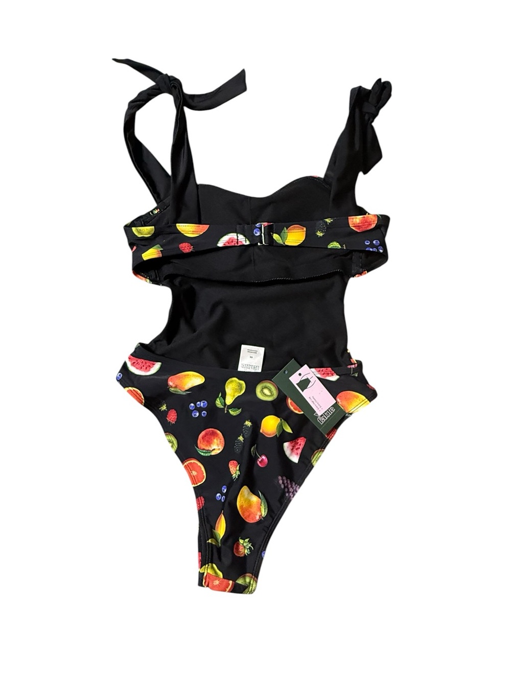 Wild Fable Fruit Print Tie Shoulder One Piece Swimsuit Black Cutout XS NWT - Picture 3 of 3